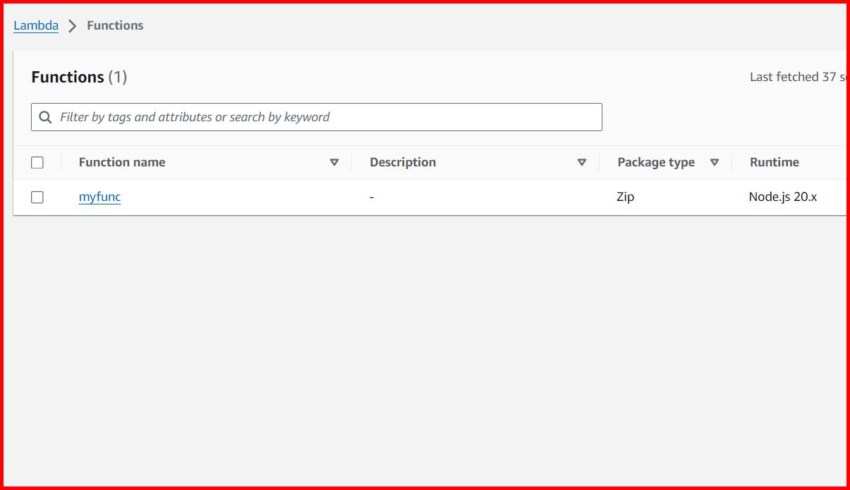 Picture showing the lambda function created in AWS console